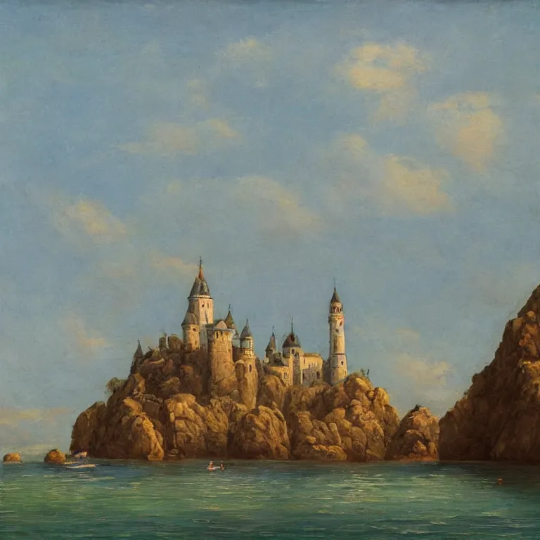 Prompt: in the style of andreev, alex, art of a medieval castle and bustling town floating on top of a giant rock next to a beach and a clear blue sea mountain range