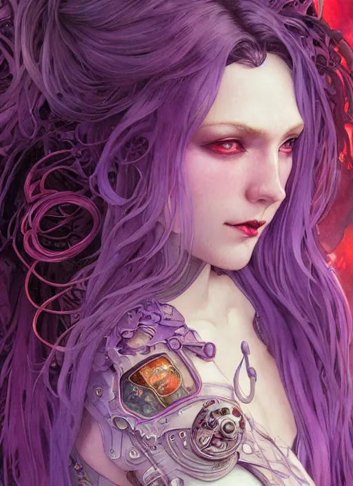 Image similar to close up portrait vampire with purple hair in sci - fi bionic armor, highly detailed, very intricate, art nouveau, red filigree, romantic storybook fantasy, soft cinematic lighting, award - winning, disney concept art watercolor illustration by mandy jurgens and alphonse mucha and alena aenami, pastel color palette, featured on artstation