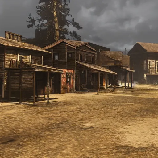 Prompt: red dead redemption style ghost town, skeletal remains, eerie