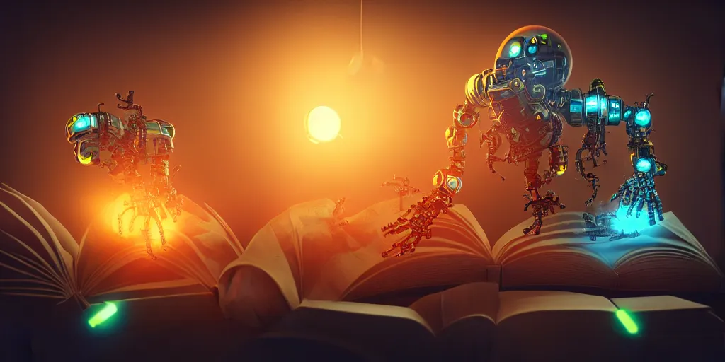 Image similar to A frightening multi armed evil robot devouring books with pipes and tubes and pages floating down, hyperealistic very colourful hdr cinematic lighting cgi render photorealistic cinematic octane render