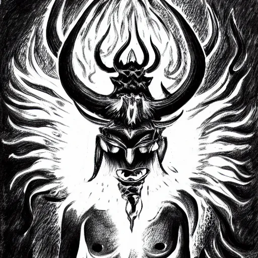 Image similar to detailed horned demon in heroic pose, engulfed in flames, greyscale ink drawing