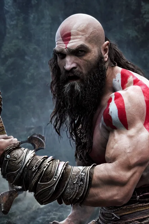 Image similar to film still from god of war, a highly detailed beautiful closeup photo of jason momoa kratos with long windblown wet hair holding a sword and fighting zombies on a pile of human skulls, spartan warrior, olympian god, muscular!,, action pose, ambient lighting, volumetric lighting, octane, fantasy