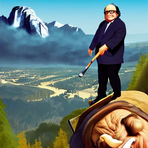 Image similar to Danny Devito at the top of a mountain, scenic view, holding a baseball bat!!, digital art, gta 5 cover art, trending on artstation