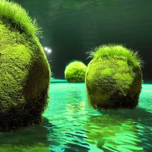 Image similar to man made of marimo moss balls running at the bottom of a lake, unreal engine, high detail