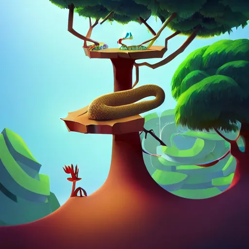 Image similar to Goro Fujita illustrating a snake with geometric figures climbing a large tree in a jungle, art by Goro Fujita, sharp focus, highly detailed, ArtStation