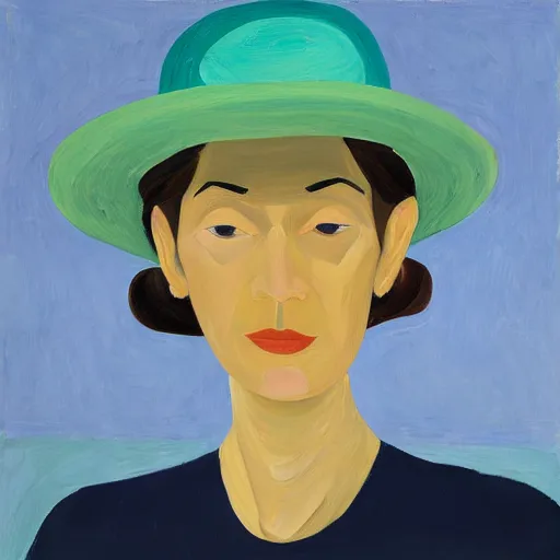 Prompt: woman with hat, by Alex Katz, colorful, eye contact, oil on canvas