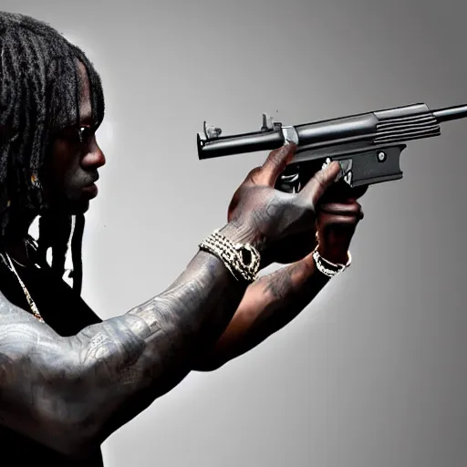 Image similar to Rapper Chief Keef holding a gun 4K quality super realistic digital art