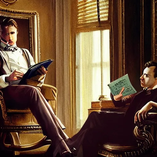 Prompt: VTM concept art lasombra young man with face of Donal Glisson without beard in Victorian clothes is sitting in an vintage armchair reading a book, cinematic lighting, highly detailed, digital art, Renaissance painting, by Leyendecker, by Rutkowsky,