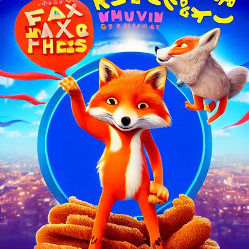 Image similar to animated 3D movie poster featuring an anthropomorphic fox wearing a casual outfit, a lot of fried chicken in the background, promotional media