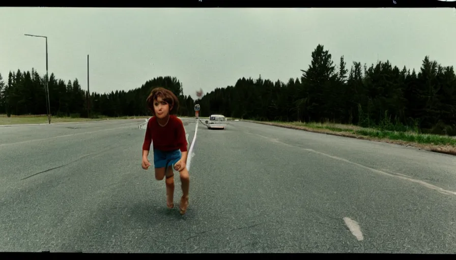 Image similar to 7 0 s film still from a horror movie about a boy flying above the interstate highway, kodachrome, cinecolor, cinestill, film grain, film texture, retro, cinematic, high resolution, photorealism,