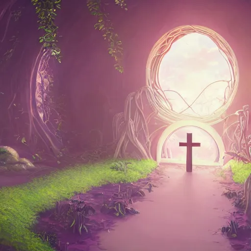 Image similar to paradise with a christian cross as the light is shining at the end of the tunnel, with pale purple and pale pink lighting, cute, aesthetic, anime, with a few vines and overgrowth, studio ghibli, cinematic, painting, high definition, digital art, symmetrical, very detailed, extremely high detail, photo realistic, concept art, unreal engine 5,