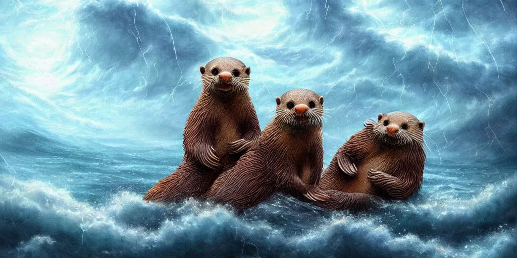 Image similar to beautiful fantasy illustration hyper detailed a pair of cute otters falling in love holding hands in a huge storm at sea cinematic dreamlike trending on artstation masterpiece