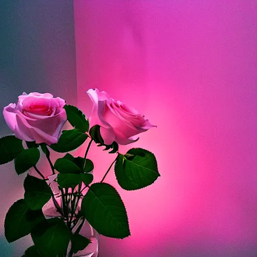 Prompt: roses in cinematic light, shadows, dramatic and very very very very beautiful masterpiece, light reflection, light refraction, transparent glass vase, optical caustics