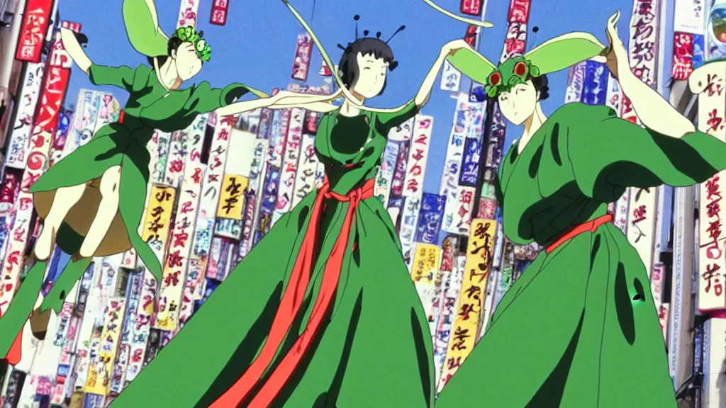 Image similar to a woman wearing a green dress and a praying mantis mask flying in the air in the streets of Tokyo with two swords, anime film still from the an anime directed by Katsuhiro Otomo with art direction by Salvador Dalí, wide lens