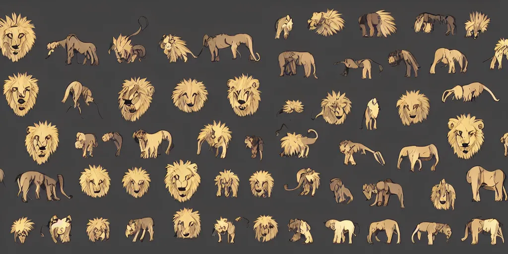 Prompt: game asset of unique lion heads on black background, organic, animated studio ghibli movie palette, animated studio ghibli black inking, cel shading, 5 colors, no gradients, flat 2 d design, 2 d sprites, 8 k, close up