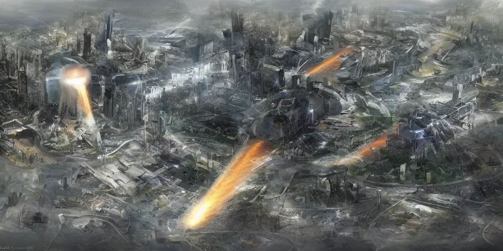 Image similar to future forest city attacked by spaceship, concept art, tornado, war,