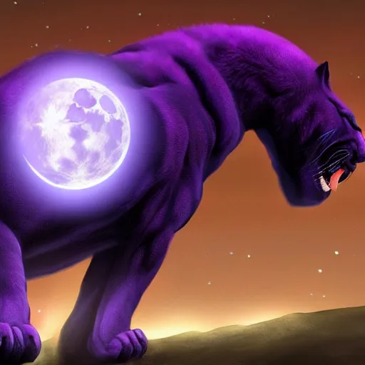 Image similar to digital painting of a large purple colored panther roaring at night. large moon in the center of the background. digital drawing, illustration, 4 k, render, matte, highly detailed, artstation, realistic, dramatic, darkness, moon.