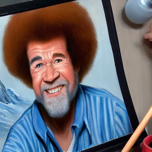 Image similar to a closeup photorealistic photograph of bob ross working on a canvas painting of mickey mouse. film still. brightly lit scene. mountains and trees. this 4 k hd image is trending on artstation, featured on behance, well - rendered, extra crisp, features intricate detail, epic composition and the style of unreal engine.