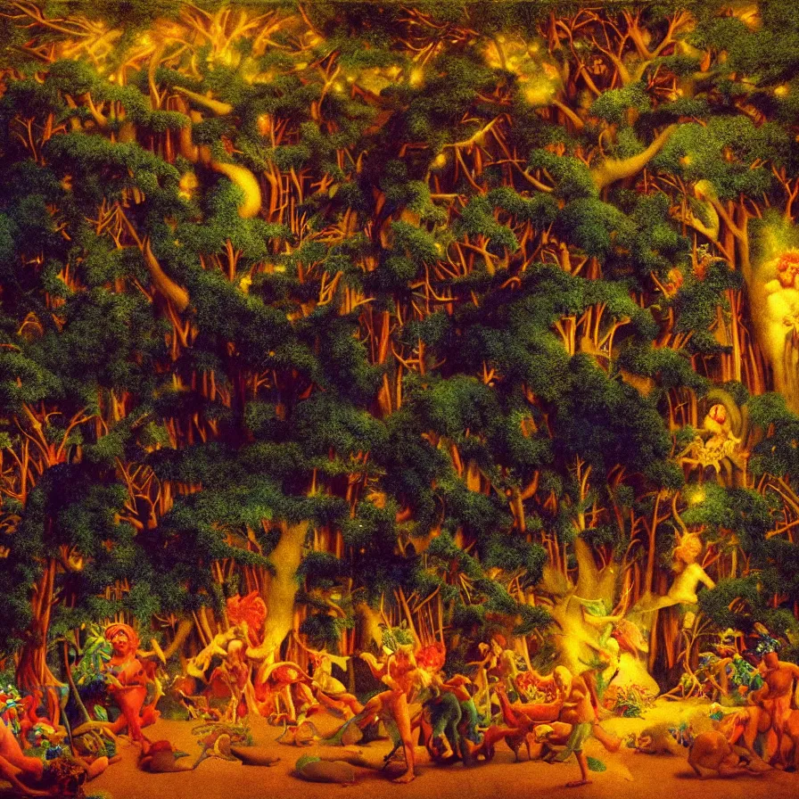 Image similar to closeup of a night carnival inside a tree cavity in a magical forest in the middle of a summer storm, with a music scenario with many fireworks and christmas lights, volumetric lightning, instense god rays in the sky, folklore people disguised with fantastic creatures in a magical forest by summer night, masterpiece painted by maxfield parrish, very coherent and colorful high contrast masterpiece,