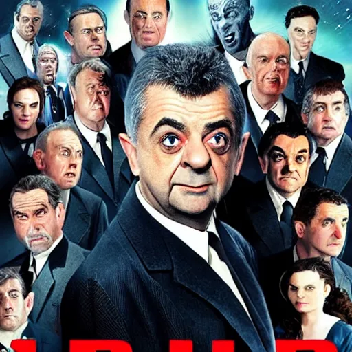 Image similar to armageddon movie poster with all characters faces swapped with rowan atkinson, high detail, realistic, 4 k