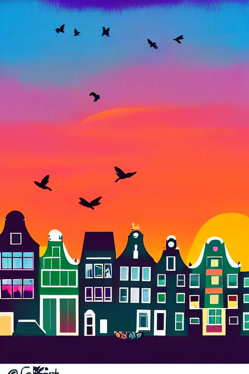 Image similar to minimalist boho style art of colorful amsterdam at sunrise, illustration, vector art