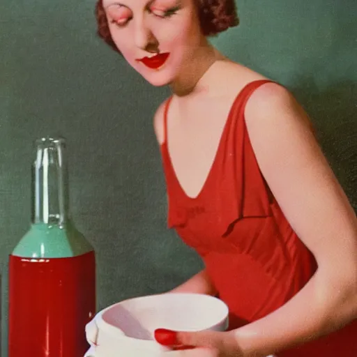 Prompt: color photo on vintage film stock of 1930s model on her hands and knees, lapping up milk from a bowl on the floor of an art deco mansion. There are red curtains in the distance and soft pools of light illuminating her and the surroundings.