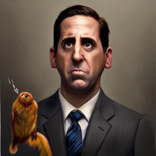 Prompt: hyper realistic, surreal, portrait of michael scott making silly absurd faces, painted by greg rutkowski, wlop, loish,