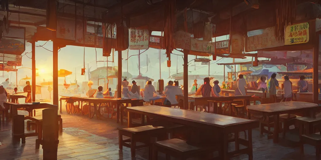 Image similar to interior of a kopitiam at pulau indah fishing village, near a jetty, early morning, detailed matte painting, low angle view, telephoto lens, bokeh, studio ghibli, artstation