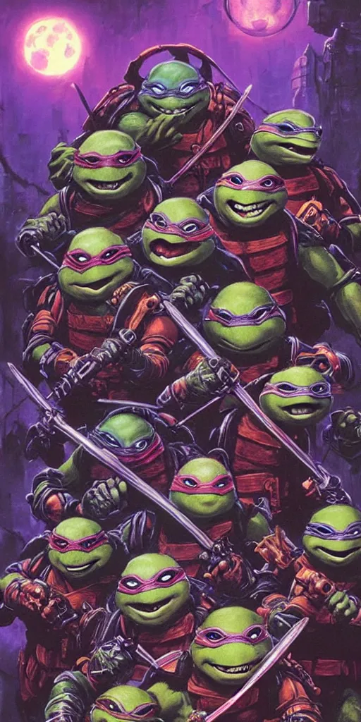 Prompt: gothic teenage mutant ninja turtles by paul lehr, godmachine and james gurney,