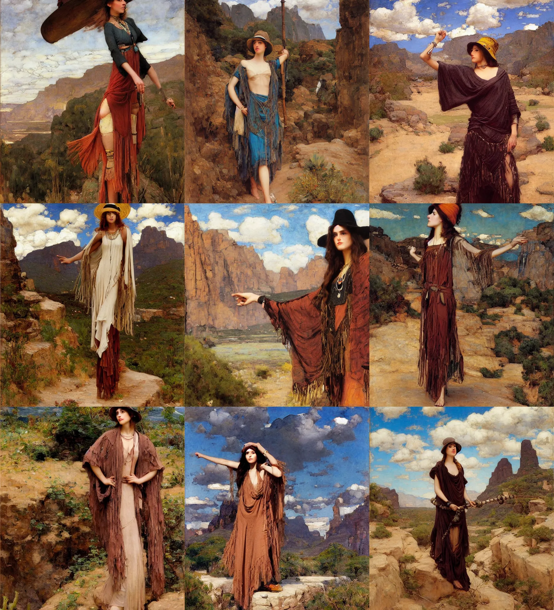 Prompt: portrait of fashionable young woman wearing rich jewerly hat and boho poncho in nature mountains and desert, thunder clouds in the sky, artwork by john william waterhouse and Edwin Longsden Long and Theodore Ralli and Henryk Siemiradzki, levitation, industrial rusty pipes, simple form, brutal shapes