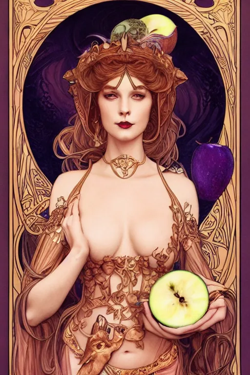 Prompt: Art Nouveau Lilith, Queen of the moon, Sensual occult esoteric woman holding an apple, full body image centered in frame, headshot, D&D, fantasy, highly detailed, digital painting, artstation, concept art, sharp focus, illustration, art by artgerm and greg rutkowski and alphonse mucha