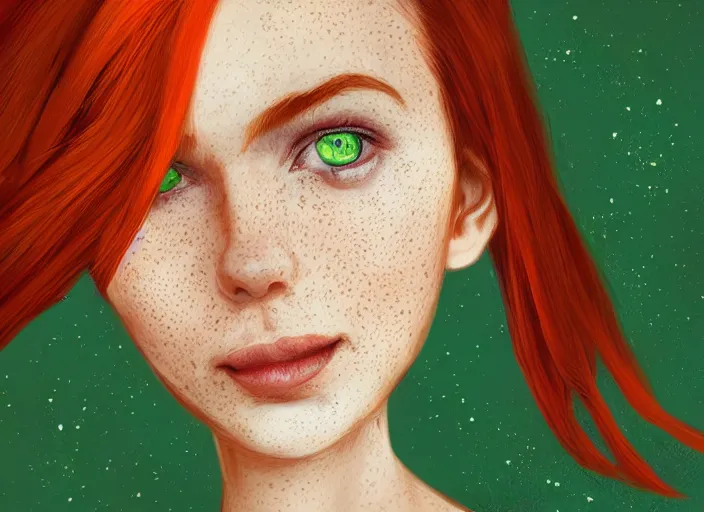 Image similar to portrait of a beautiful smiling girl with orange hair and freckles, green eyes, highly detailed, digital painting, concept art, smooth, sharp, focus, background is purple, trending on deviantart