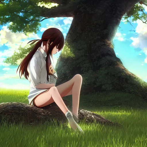 Image similar to photorealistic, a beautiful smiling anime girl with brown hair and high ponytail sitting under a tree, anime key visual, digital art, anime screenshot, kyoto animation, makoto shinkai, trending on pixiv