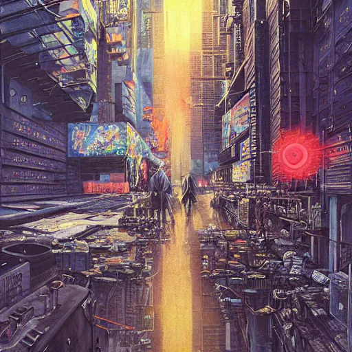 Image similar to a hyperrealistic painting of a cyberpunk city with pepe the frog cyborg with laser beam eye. walking through the night. robotic aliens, flying cars, cinematic horror by chris cunningham, richard corben, highly detailed, vivid color, beksinski painting, part by adrian ghenie and gerhard richter. art by takato yamamoto. masterpiece