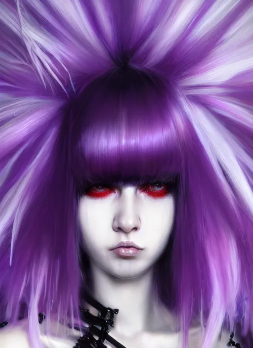 Image similar to hair whitebangs hair, black cyberlox, portrait of normal teenage girl, white bangs, messy bangs, fluffy bangs, cyberlox, whitebangs, red contact lenses, purple background, intricate, elegant, highly detailed, digital painting, artstation, concept art, sharp focus, smooth, illustration, art by wlop, mars ravelo and greg rutkowski