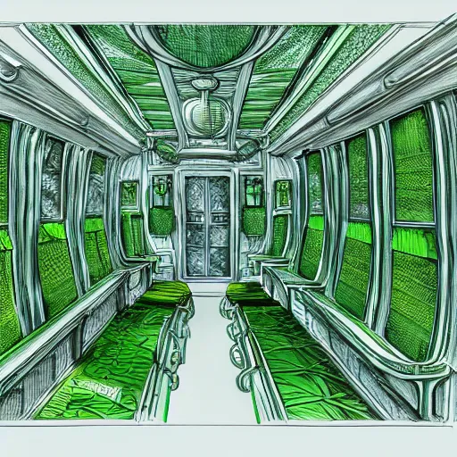 Image similar to annotated highly, detailed and intricate, sketch of the inside of a carriage cabin full of green green green plants, marker concept art style rendering, concept art, half blueprint, trending on artstation, intricate details, center frame, annotations