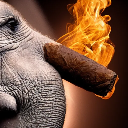 Image similar to ultra realistic nature photography, picture of ( subject : a cigar smoked by an elephant in a cigar lounge ). smokey atmosphere, small thick clouds of cigar smoke, artstation, focus on the cigar, extremely detailed and crisply sharp cigar, hyperrealistic smoke, sigma, 4 k