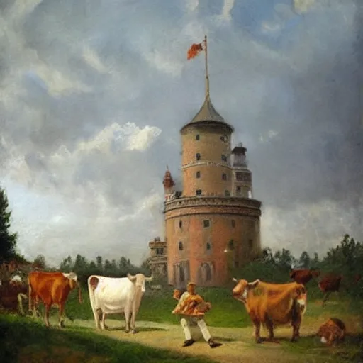 Image similar to painting by zorn, cow wearing!!! clothes!!! standing next to royal castle!!