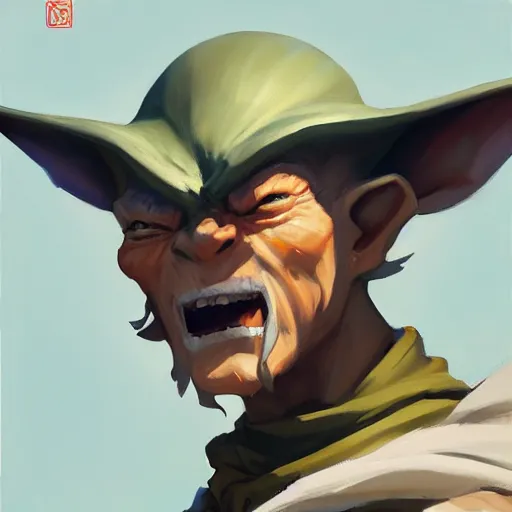 Image similar to greg manchess portrait painting of evil yoda as overwatch character, medium shot, asymmetrical, profile picture, organic painting, sunny day, matte painting, bold shapes, hard edges, street art, trending on artstation, by huang guangjian and gil elvgren and sachin teng