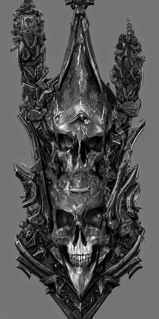 Prompt: a black and silver axe skull crest, ornament, dwrven weapon, by dom qwek, trending on polycount, artstation, hard surface modeling