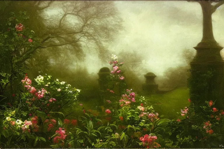 Image similar to secret garden, lush, floral, botanical, romanticism, dark, moody, hudson river school