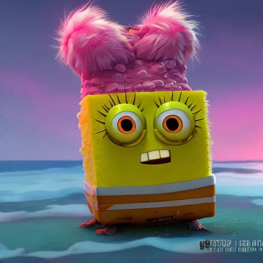 Image similar to very furry spongebob, cgi, artstation, highly detailed, concept art, sharp focus