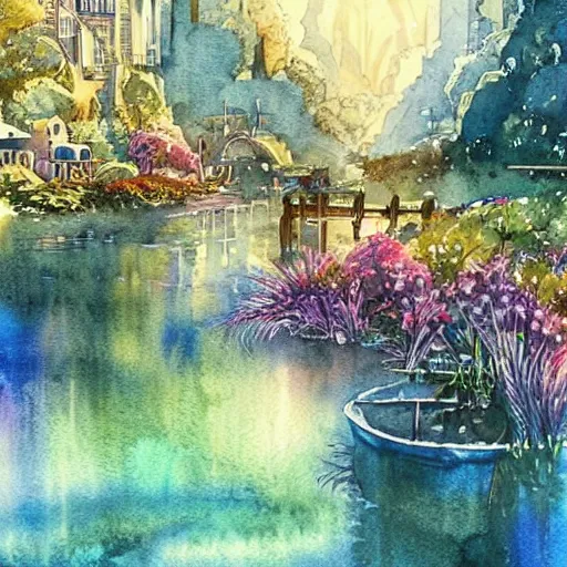 Image similar to Beautiful happy picturesque charming sci-fi town in harmony with nature. Beautiful light. Water and plants. Nice colour scheme, soft warm colour. Beautiful detailed watercolor by Lurid. (2022)