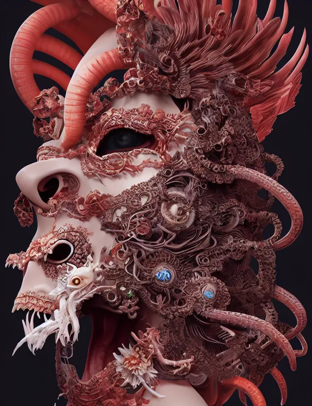 Image similar to 3 d goddess of hell close - up profile portrait with ram skull. beautiful intricately detailed japanese crow kitsune mask and clasical japanese kimono. betta fish, jellyfish phoenix, bio luminescent, plasma, ice, water, wind, creature, artwork by tooth wu and wlop and beeple and greg rutkowski