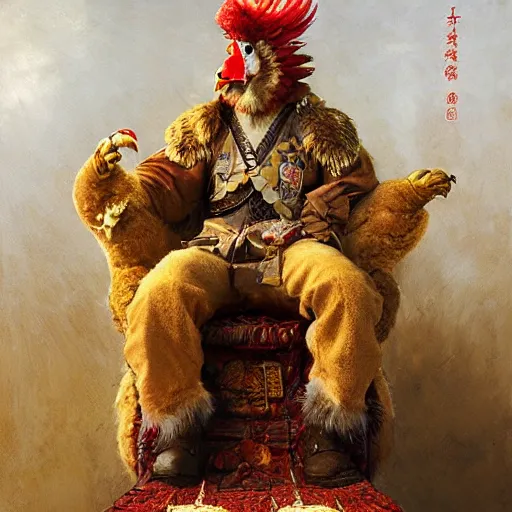 Image similar to portrait of the man chicken emperor of japan dressed as a chicken, sitting on his throne at his palace, highly detailed painting by gaston bussiere, craig mullins, j. c. leyendecker 8 k