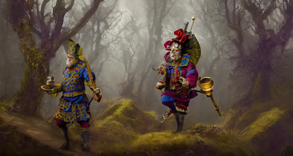 Image similar to robert de niro as medieval jester, crazy colorful clothing with a heavy golden mace in his left hand and a beer jug in his right hand, full body shot and detailled face, symmetrical face, intricate details, wandering through a forbidden forest, trending on artstation, 8k hyperrealistic, style of peter mohrbacher, octane render, unreal engine