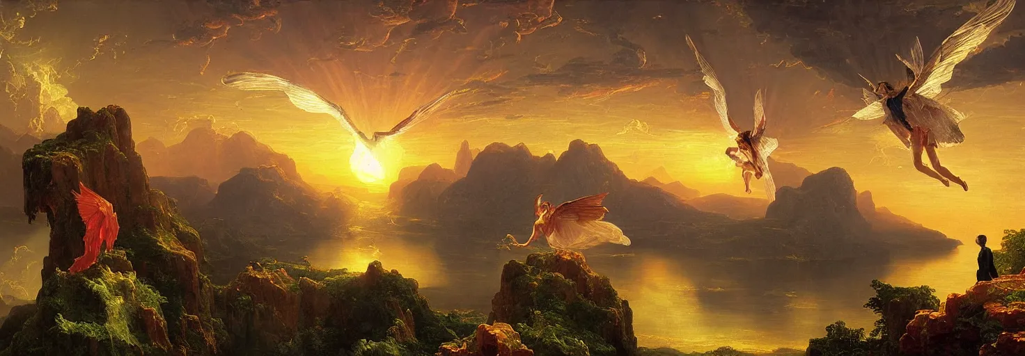 Prompt: Icarus in a firey tailspin while Daedalus looks on in disbelief, in the style of a surreal and awe-inspiring thomas cole and albert Bierstadt digital art panoramic landscape painting at sunset, unreal engine, 4k, matte, exquisite detail, lens pop