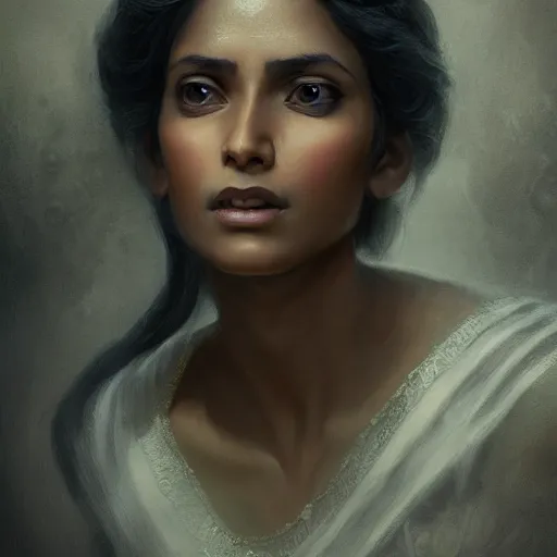 Image similar to portrait of a srilankan woman, dreamy, fantasy, pain, gritty, intricate, elegant, highly detailed, digital painting, artstation, concept art, matte, sharp focus, illustration, octane render, unreal engine, art by aenaluck and roberto ferri and greg rutkowski, epic fantasy, digital painting