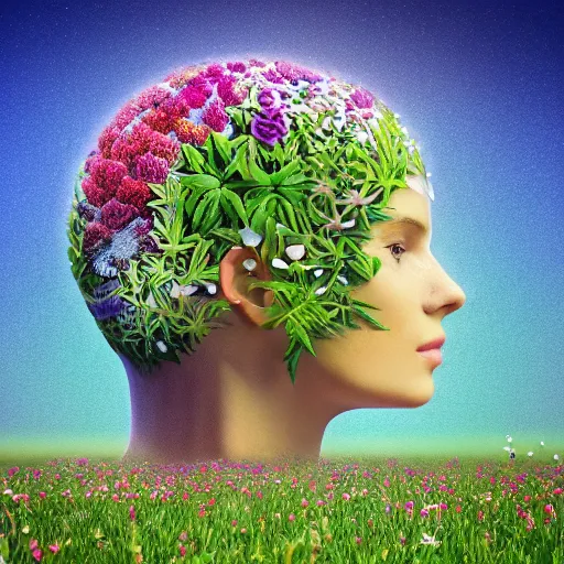 Prompt: a human brain made of flowers floating on a grassy meadow in the sunshine, dreamlike, microcosm, nature, biology, high fidelity, intricately detailed, high octane, 4 k, 3 d