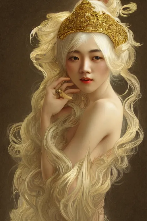 Image similar to beautiful asian girl, blonde hair, gold, god, white hair, 1 9 2 0 s fashion, fantasy, model pose, horror art, highly detailed, intricate, ethereal, highly detailed, sharp focus, artstation, digital painting, art by alphonse mucha, cedric peyravernay, tom bagshaw